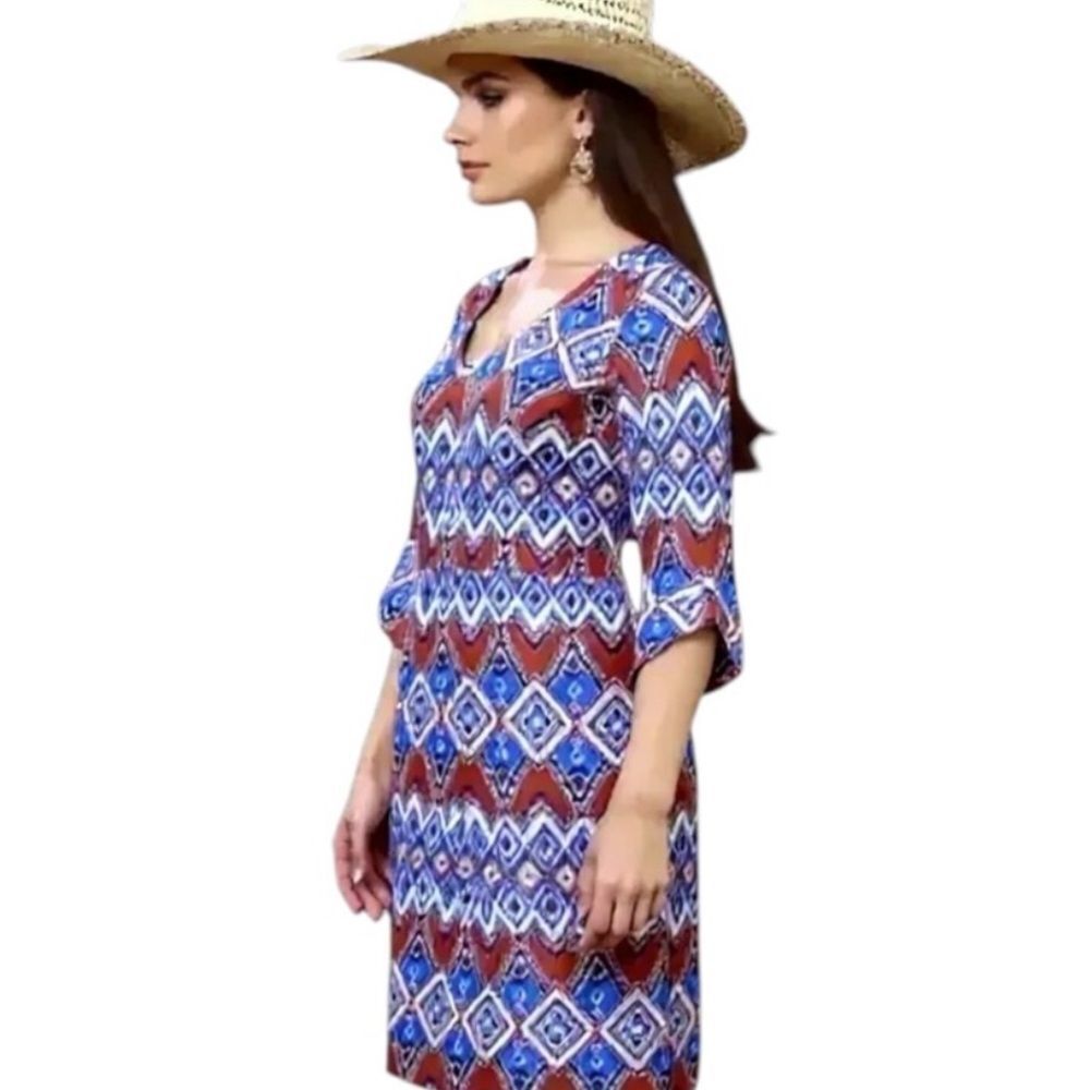 Western Tribal V Neck Shift Mini Dress - Boho Aztec Geometric S M L NWT